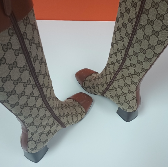 GUCCI Monogram Cordovan Lux GG Knee High Boots 36 Beige Cuir - Picture 5 of 12